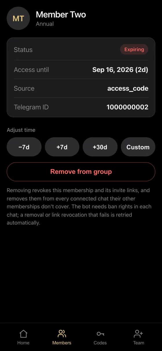 One sample member's record in the Mini App: status, access end date, source, Telegram ID and the Adjust time buttons